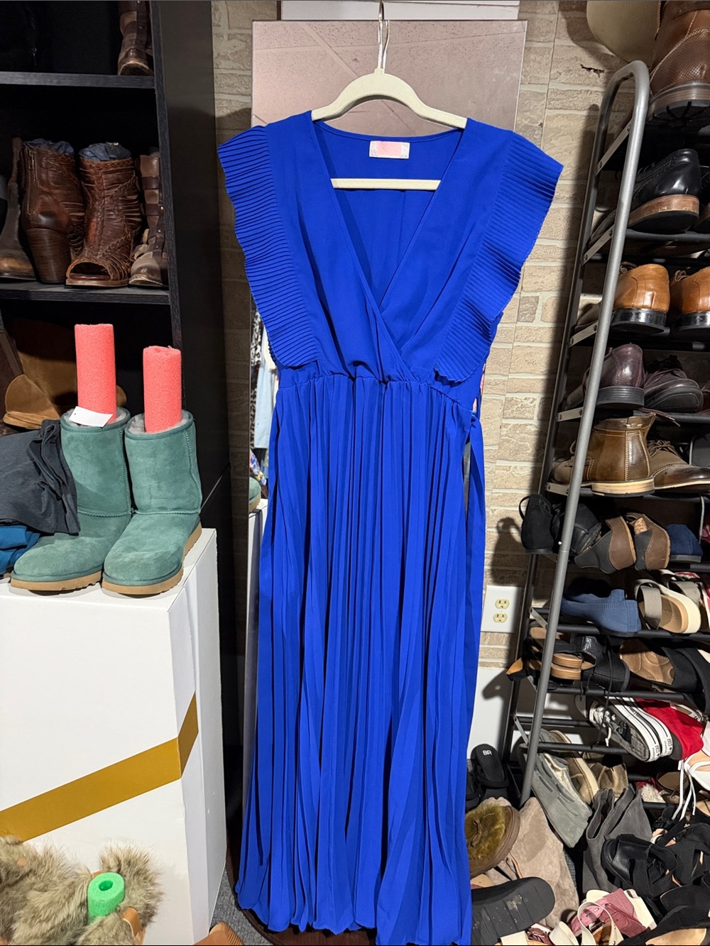 Women's V-Neck Pleated Maxi Dress in Cobalt Blue